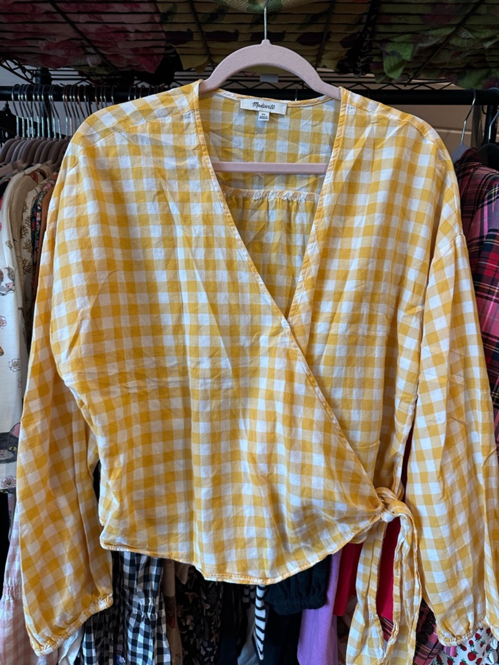 MADEWELL Yellow Gingham Plaid Wrap-Top Cottagecore 🍄 XL Fine Cotton Sash-Tie - Picture 2 of 10